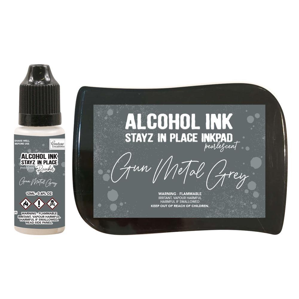 Couture Creations Alcohol Ink Stayz in Place Alcohol Ink Pad with Reinker Gun Metal Grey Pearlescent
