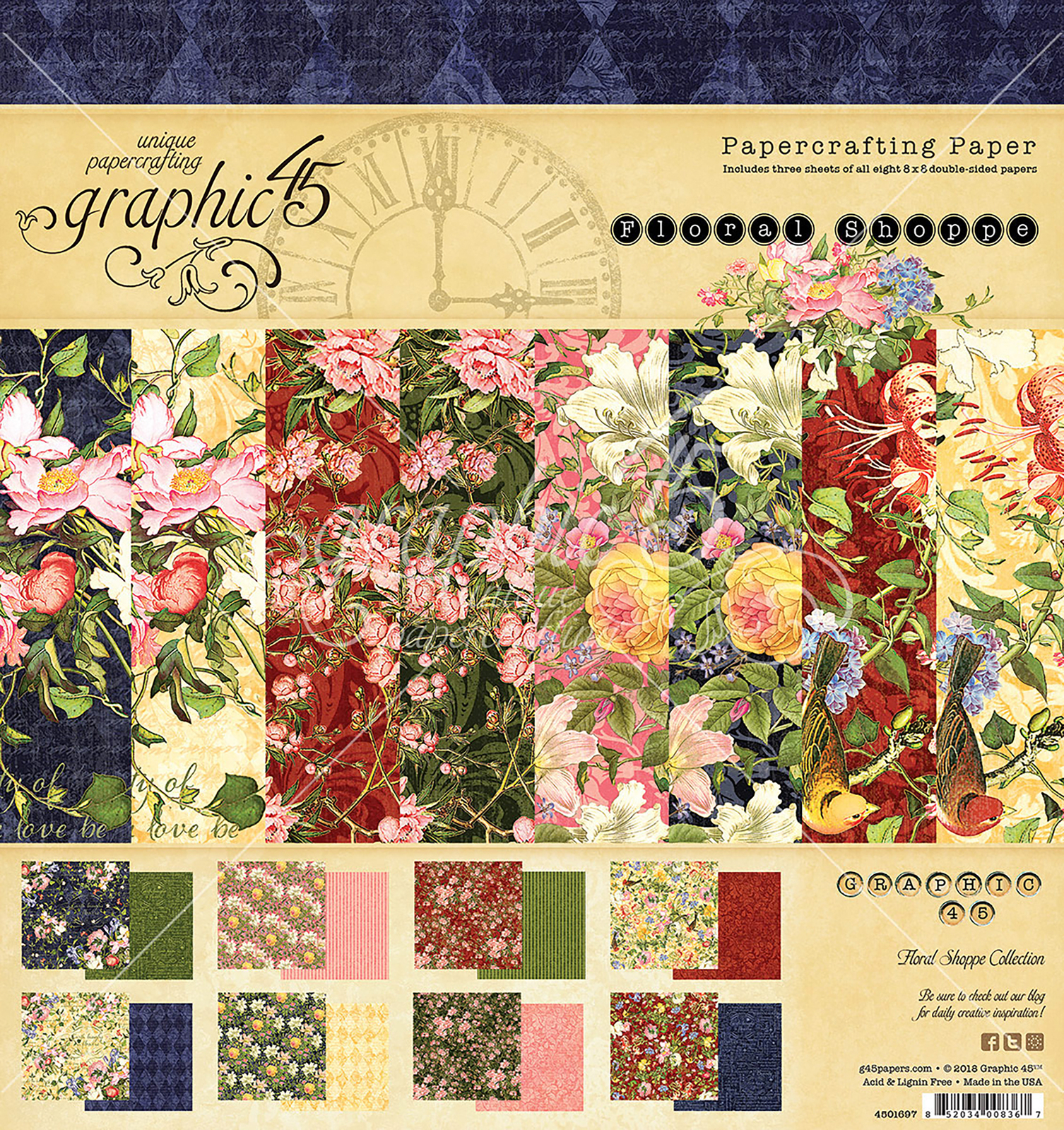 Graphic45 Collection Papers 8x8 Double-Sided 24 Papers Floral Shoppe