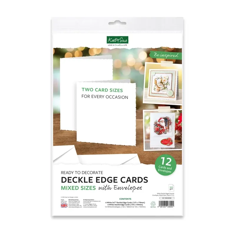 Katy Sue White Deckle Edged Cards & Envelopes, Mixed Sizes, pack of 12