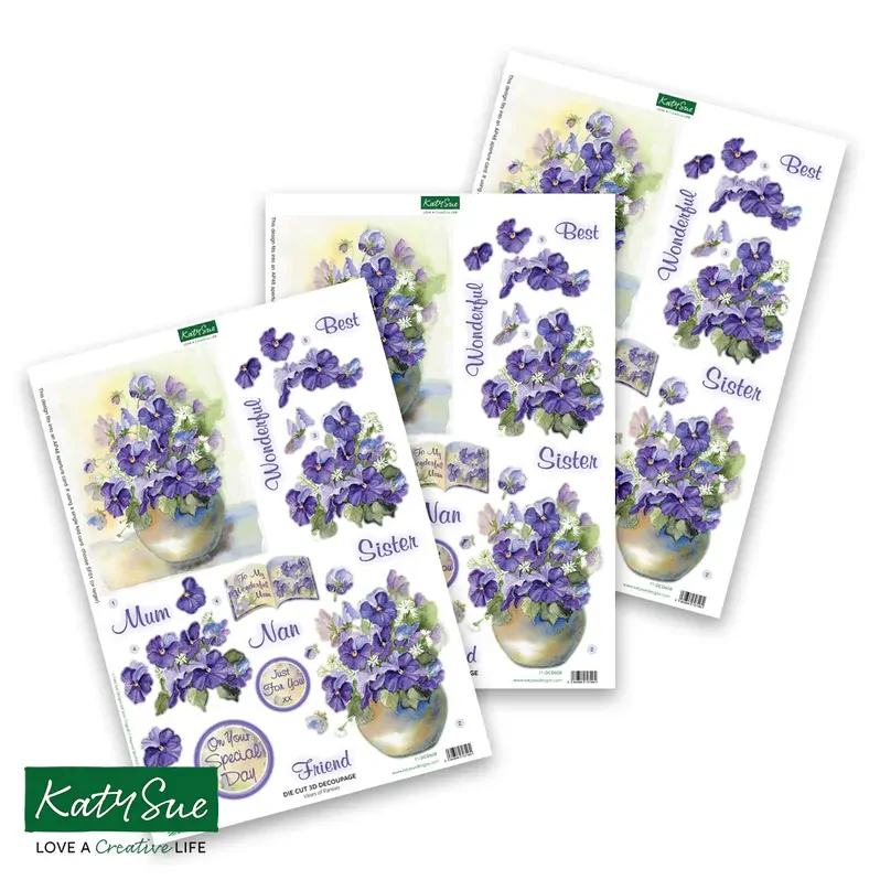 Vases of Pansies Die Cut Decoupage by Katy Sue Designs