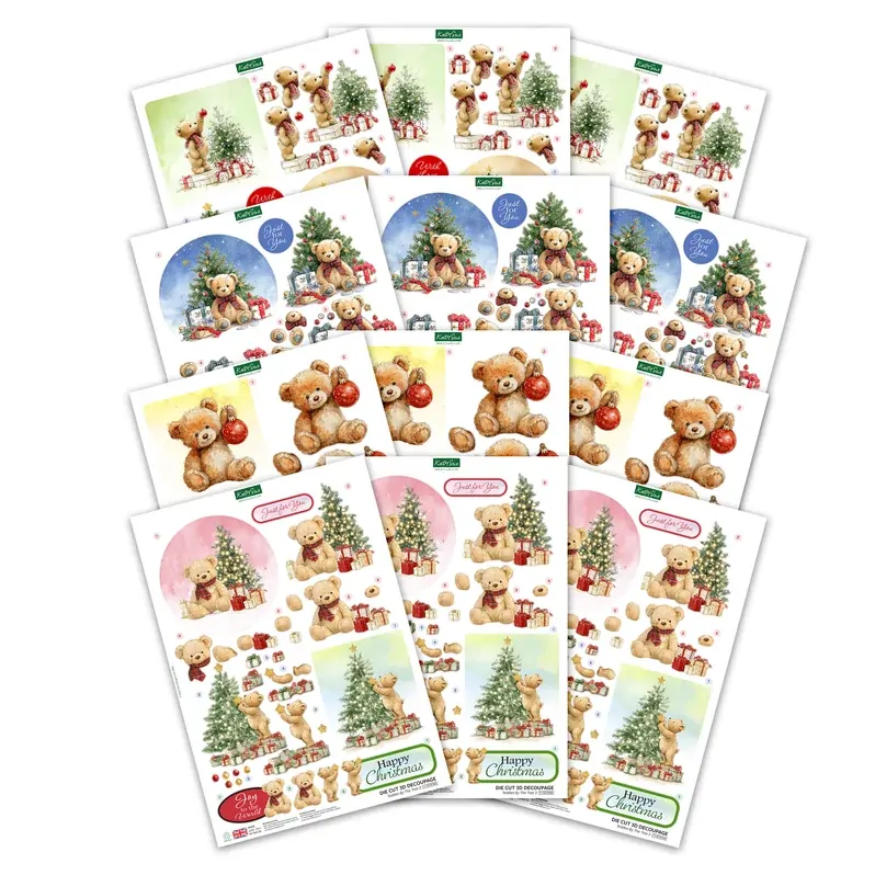 Katy Sue - Teddy Bear Christmas Die Cut Decoupage  (pack of 12)