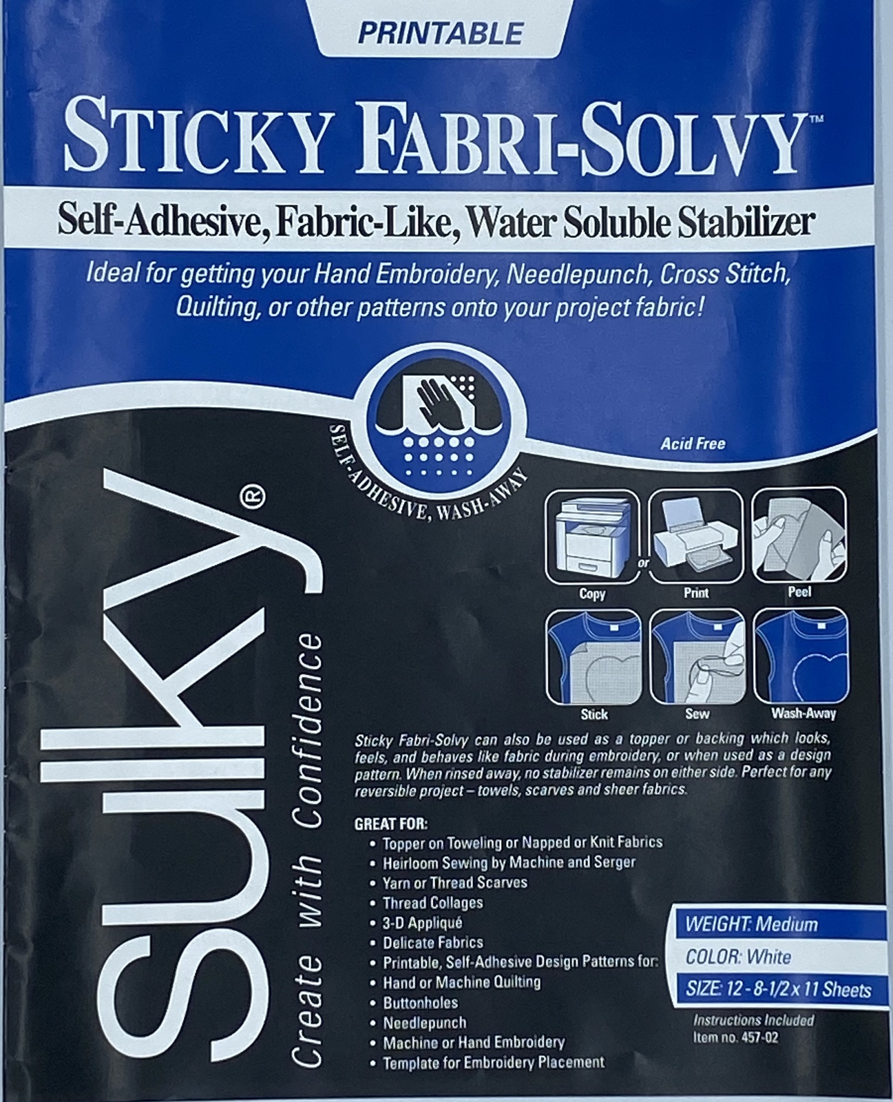 Sulky Sticky FabriSolvy Stabilizer Printable 12 Sheets 8.5 x 11 Inch 