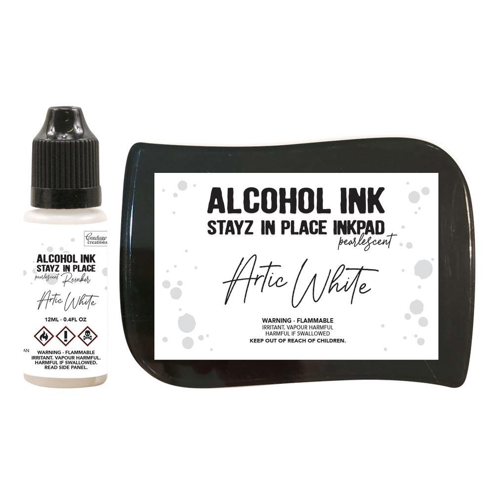 Couture Creations Alcohol Ink Stayz in Place Alcohol Ink Pad with Reinker Arctic White Pearlescent