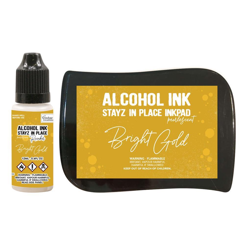 Couture Creations Alcohol Ink Stayz in Place Alcohol Ink Pad with Reinker Bright Gold Pearlescent
