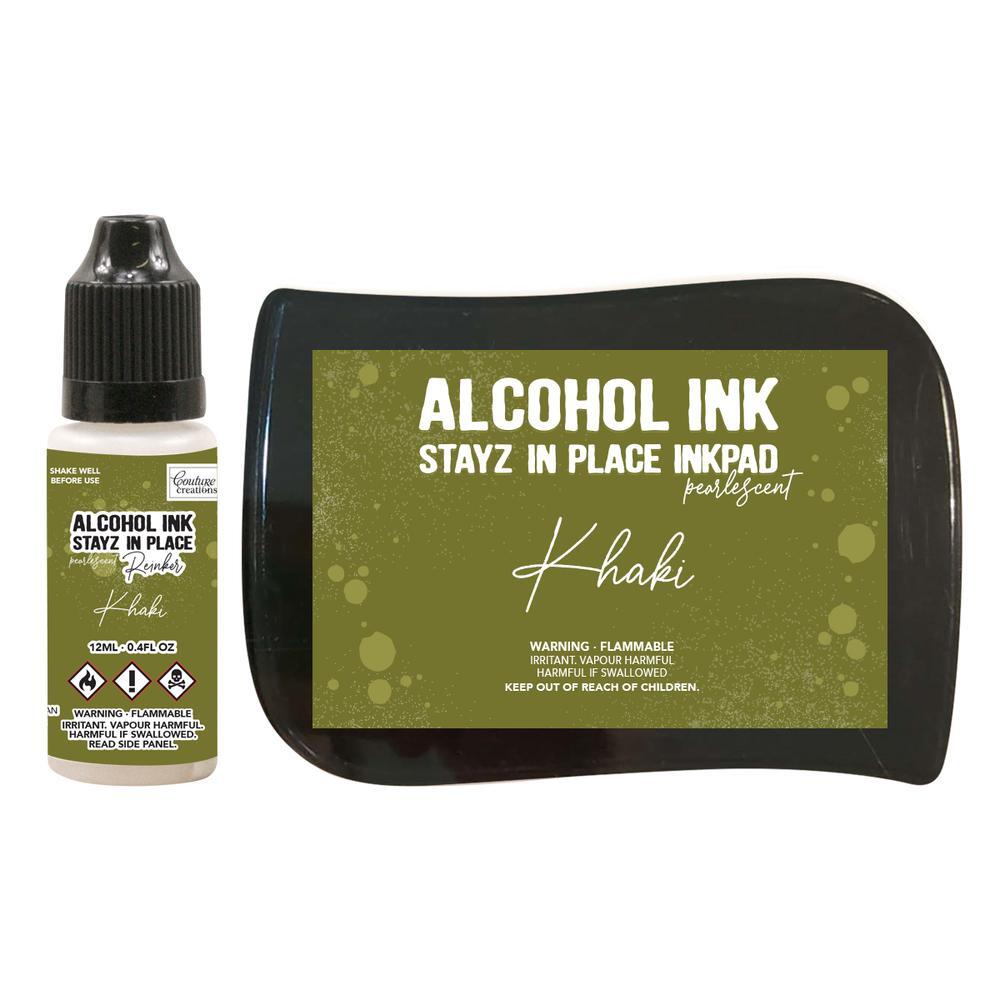Couture Creations Alcohol Ink Stayz in Place Alcohol Ink Pad with Reinker Khaki Pearlescent 
