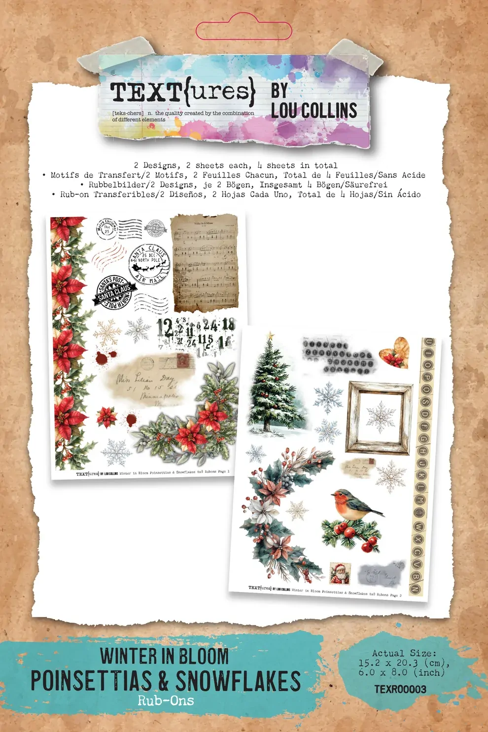 Arden Creative - TEXT(ures) Winter In Bloom Poinsettias & Snowflakes 6" x 8" Rub-On Transfer Set