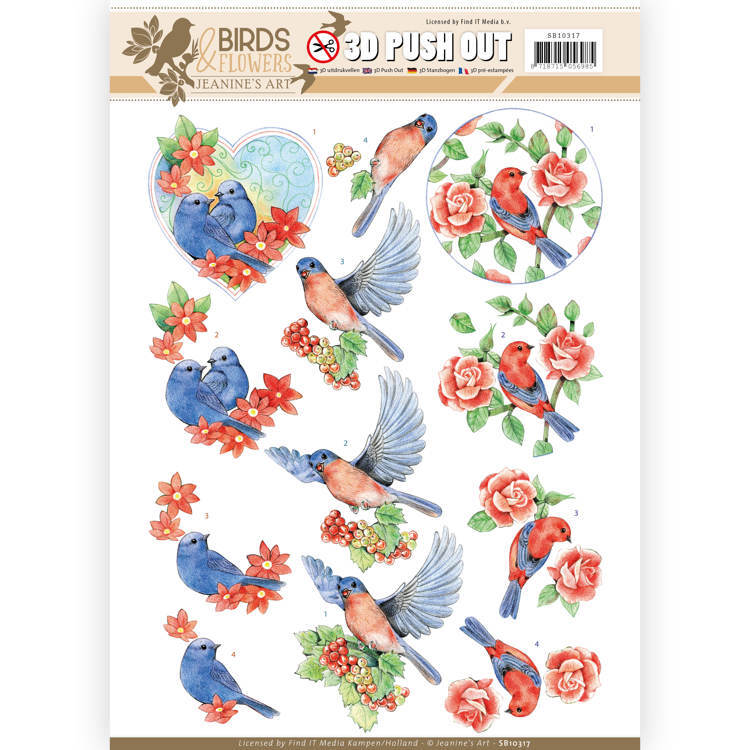 Jeanines Art Birds and Flowers 3D Decoupage A4 Sheet - Blue Birds