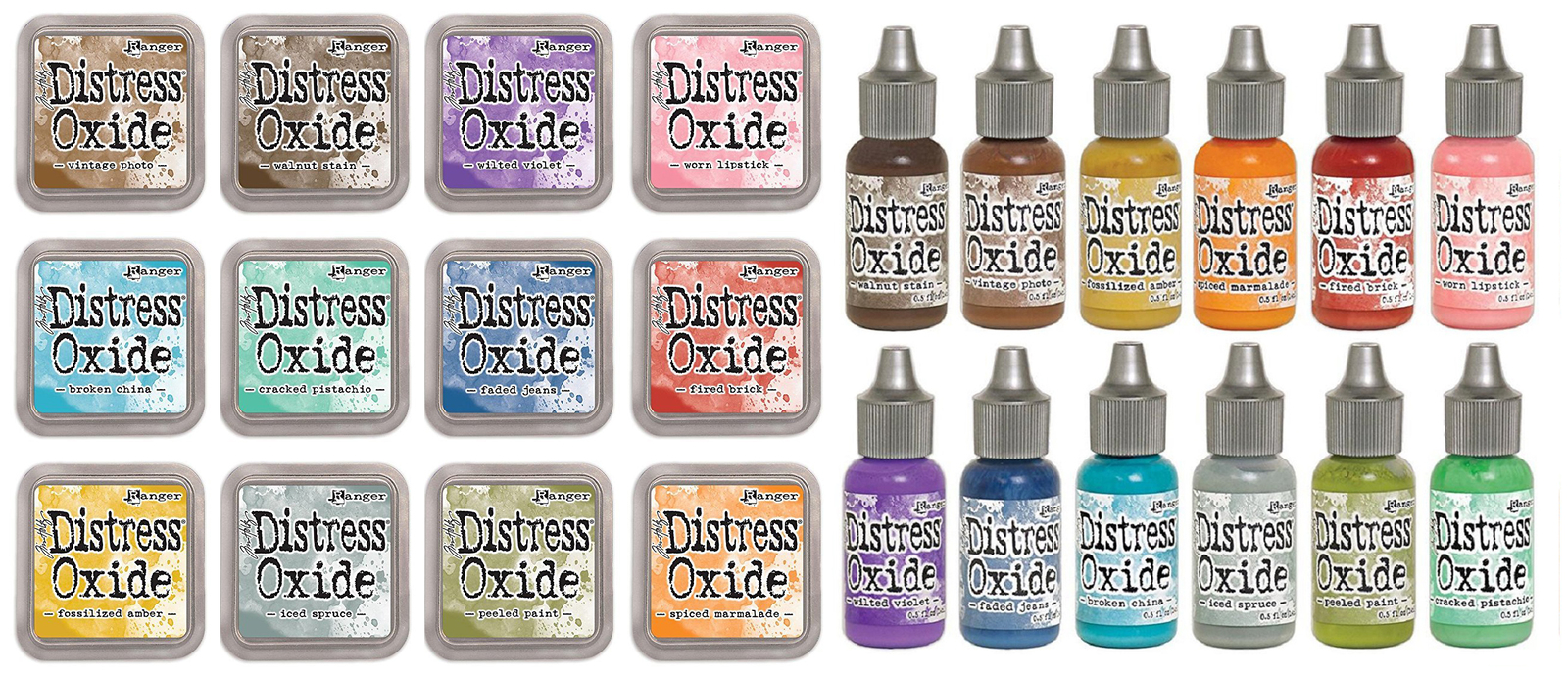 Tim Holtz Distress Oxide Ink Pads And ReInkers 12 Colours Set 1