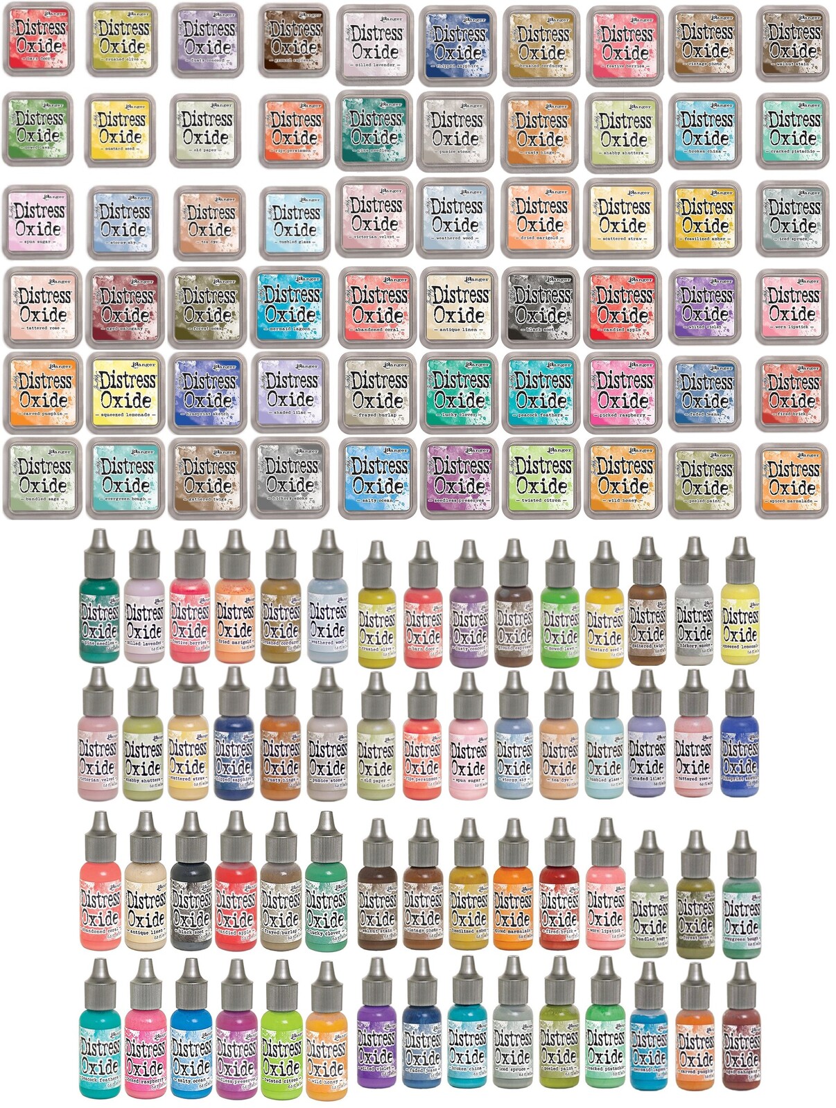 Tim Holtz Distress Oxide Ink Pads + ReInkers Ultimate Bundle 60 Colours (120pcs)