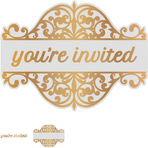 Cut and Foil Die Hotfoil Stamp Gentleman's Emporium You're Invited Tag